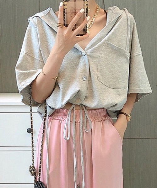 SHEENA(シーナ)の「裾ドロスト半袖パーカー(Tシャツ/カットソー・レディース・ライトパープル/オレンジ/ホワイト/グレー・M)」の13枚目の写真