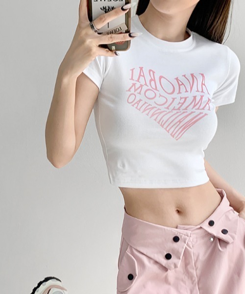 Vipoa(ヴィポア)の「ハートロゴクロップドTシャツ(Tシャツ/カットソー・レディース・ピンク/ホワイト/グレー/ブラック・FREE)」の12枚目の写真