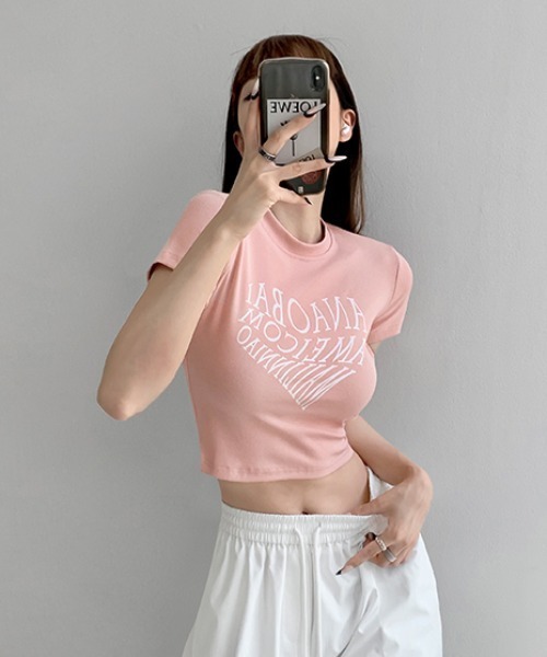 Vipoa(ヴィポア)の「ハートロゴクロップドTシャツ(Tシャツ/カットソー・レディース・ピンク/ホワイト/グレー/ブラック・FREE)」の16枚目の写真