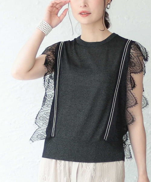 Sawa a la mode(サワアラモード)の「レーススリーブサマーニットトップス(ニット/セーター・レディース・ブラック/ピンク・FREE)」の2枚目の写真