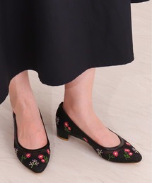 【Flower Collection】コスモス刺繍ローヒールパンプス