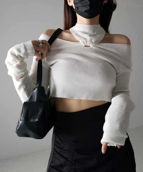 me+em select(ミームセレクト)の「【 5color 】カットアウトオフショルショートリブニット ※※(ニット/セーター・レディース・ホワイト/ブラック/ブラウン/チャコール/グレー・FREE)」の18枚目の写真