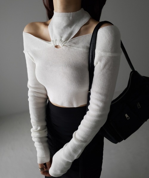 me+em select(ミームセレクト)の「【 5color 】カットアウトオフショルショートリブニット ※※(ニット/セーター・レディース・ホワイト/ブラック/ブラウン/チャコール/グレー・FREE)」の19枚目の写真