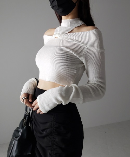 me+em select(ミームセレクト)の「【 5color 】カットアウトオフショルショートリブニット ※※(ニット/セーター・レディース・ホワイト/ブラック/ブラウン/チャコール/グレー・FREE)」の20枚目の写真