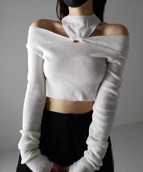 me+em select(ミームセレクト)の「【 5color 】カットアウトオフショルショートリブニット ※※(ニット/セーター・レディース・ホワイト/ブラック/ブラウン/チャコール/グレー・FREE)」の22枚目の写真