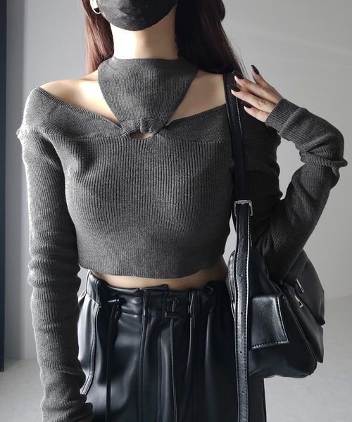 me+em select(ミームセレクト)の「【 5color 】カットアウトオフショルショートリブニット ※※(ニット/セーター・レディース・ホワイト/ブラック/ブラウン/チャコール/グレー・FREE)」の6枚目の写真