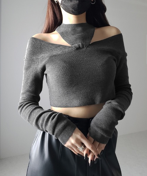 me+em select(ミームセレクト)の「【 5color 】カットアウトオフショルショートリブニット ※※(ニット/セーター・レディース・ホワイト/ブラック/ブラウン/チャコール/グレー・FREE)」の9枚目の写真