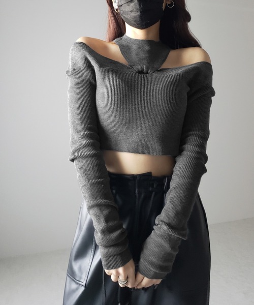 me+em select(ミームセレクト)の「【 5color 】カットアウトオフショルショートリブニット ※※(ニット/セーター・レディース・ホワイト/ブラック/ブラウン/チャコール/グレー・FREE)」の10枚目の写真