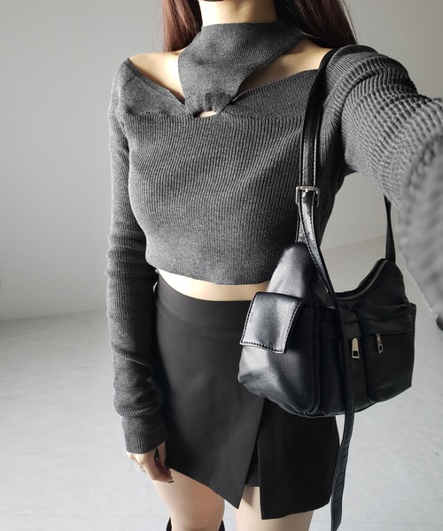 me+em select(ミームセレクト)の「【 5color 】カットアウトオフショルショートリブニット ※※(ニット/セーター・レディース・ホワイト/ブラック/ブラウン/チャコール/グレー・FREE)」の11枚目の写真