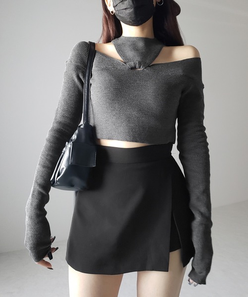 me+em select(ミームセレクト)の「【 5color 】カットアウトオフショルショートリブニット ※※(ニット/セーター・レディース・ホワイト/ブラック/ブラウン/チャコール/グレー・FREE)」の12枚目の写真
