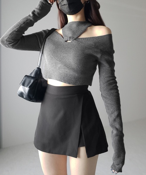 me+em select(ミームセレクト)の「【 5color 】カットアウトオフショルショートリブニット ※※(ニット/セーター・レディース・ホワイト/ブラック/ブラウン/チャコール/グレー・FREE)」の13枚目の写真