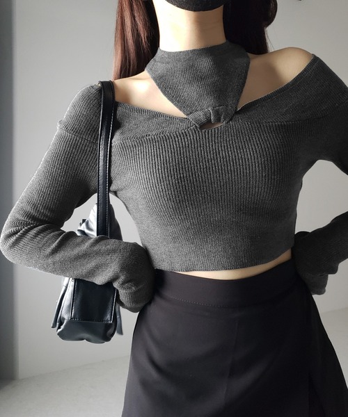 me+em select(ミームセレクト)の「【 5color 】カットアウトオフショルショートリブニット ※※(ニット/セーター・レディース・ホワイト/ブラック/ブラウン/チャコール/グレー・FREE)」の14枚目の写真