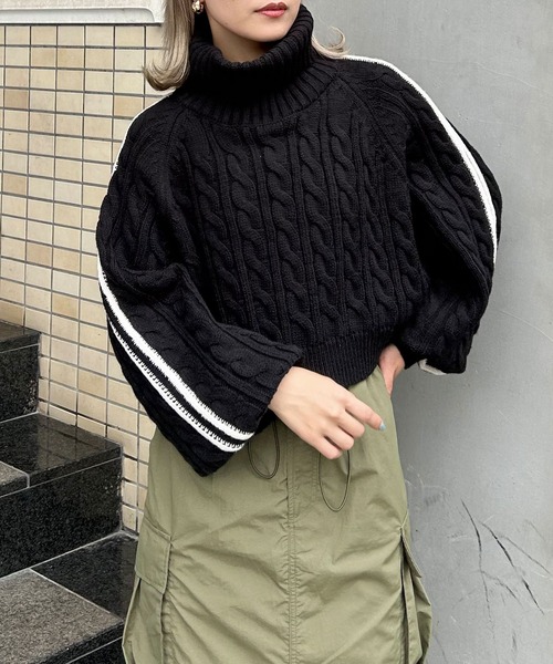 INGNI（イング）の「ケーブル柄袖ラインモックネックニット（ニット/セーター・レディース・ブラック/グレー/アイボリー・M）」の12枚目の写真