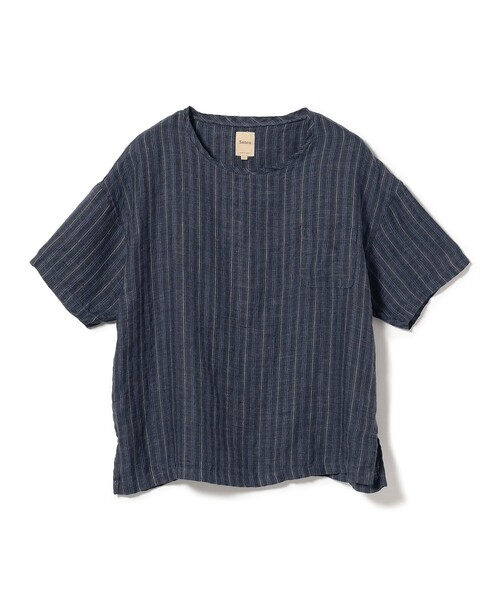 美品 Sanca スキッパー リネンシャツ サンカ ネイビー Sanca（サンカ）の「Sanca / LINEN STRIPE POCKET CREW T リネン