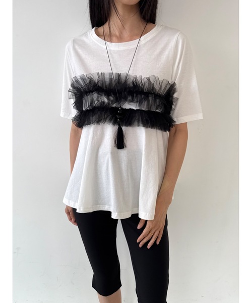 Didot.showroom(ディドット ショールーム)の「チュールフリルハーフT(Tシャツ/カットソー・レディース・ホワイト/ブラック・FREE)」の1枚目の写真