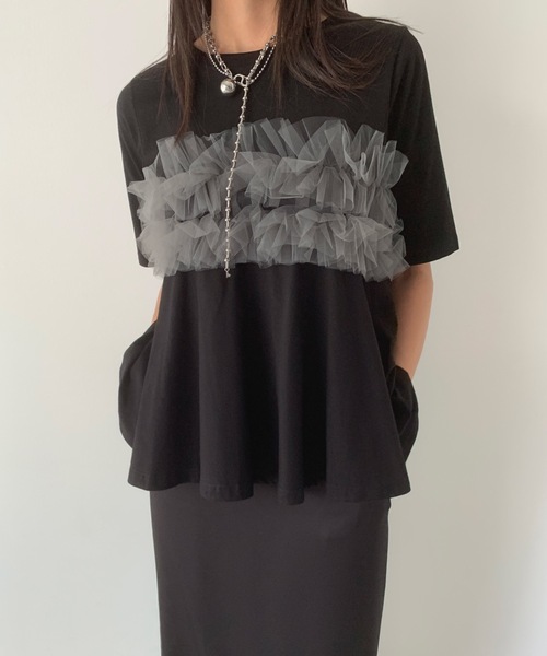Didot.showroom(ディドット ショールーム)の「チュールフリルハーフT(Tシャツ/カットソー・レディース・ホワイト/ブラック・FREE)」の2枚目の写真