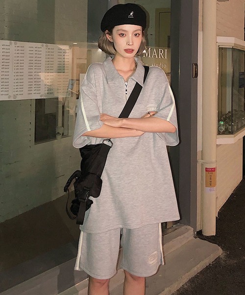 Teem Store(チームストア)の「【セットアップ】カラーハーフZIP ショーツセット(ジャージ・レディース・ライトグレー/ブラック・F)」の2枚目の写真