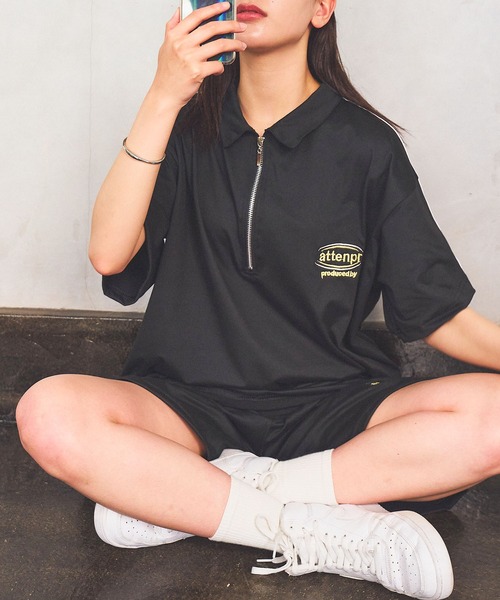 Teem Store(チームストア)の「【セットアップ】カラーハーフZIP ショーツセット(ジャージ・レディース・ライトグレー/ブラック・F)」の1枚目の写真
