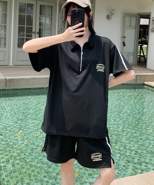 Teem Store(チームストア)の「【セットアップ】カラーハーフZIP ショーツセット(ジャージ・レディース・ライトグレー/ブラック・F)」の6枚目の写真