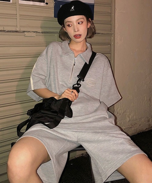Teem Store(チームストア)の「【セットアップ】カラーハーフZIP ショーツセット(ジャージ・レディース・ライトグレー/ブラック・F)」の10枚目の写真