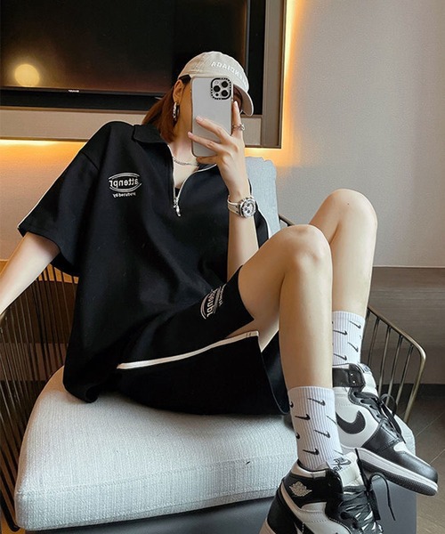 Teem Store(チームストア)の「【セットアップ】カラーハーフZIP ショーツセット(ジャージ・レディース・ライトグレー/ブラック・F)」の11枚目の写真