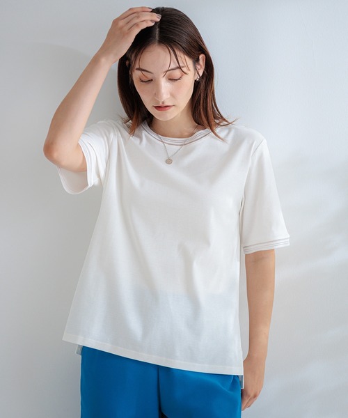 A/C DESIGN BY ALPHA CUBIC(エーシーデザインバイアルファキュービック)の「【接触冷感・UVカット・汗じみ防止】テープ使いTシャツ(Tシャツ/カットソー・レディース・イエロー/オフホワイト/ブラック・M/L)」の2枚目の写真