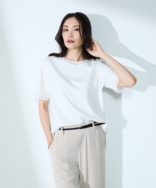 A/C DESIGN BY ALPHA CUBIC(エーシーデザインバイアルファキュービック)の「【接触冷感・UVカット・汗じみ防止】テープ使いTシャツ(Tシャツ/カットソー・レディース・イエロー/オフホワイト/ブラック・M/L)」の22枚目の写真