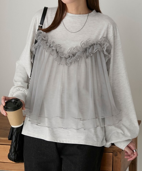 3way チュールビスチェドッキング ボリュームスリーブロンTEE（Tシャツ