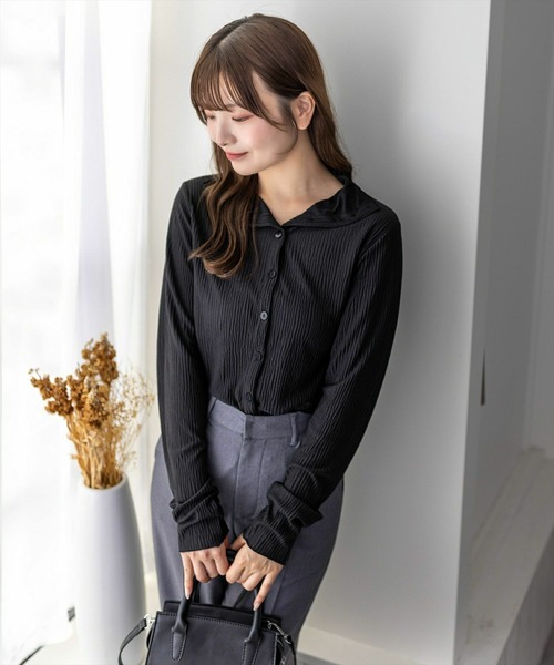 clear（クリア）の「前後2way長袖楊柳トップス[オフィスカジュアル レイヤード 着回し抜群]≪再入荷≫（シャツ/ブラウス・レディース・オフホワイト/ブラック・F）」の3枚目の写真