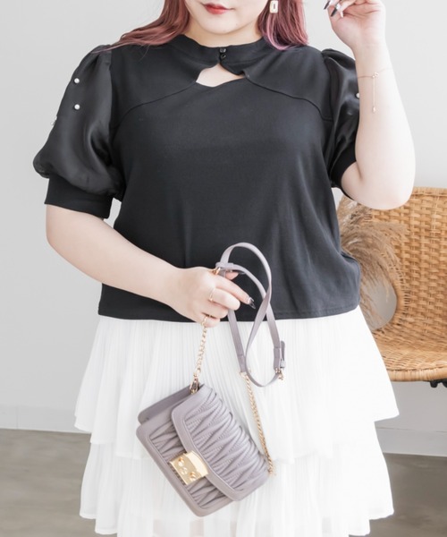 CLETTE（クレット）の「パール使いデコルテカットプルオーバー（Tシャツ/カットソー・レディース・ブラック/アイボリー/ラベンダー・LL/3L/4L）」の3枚目の写真