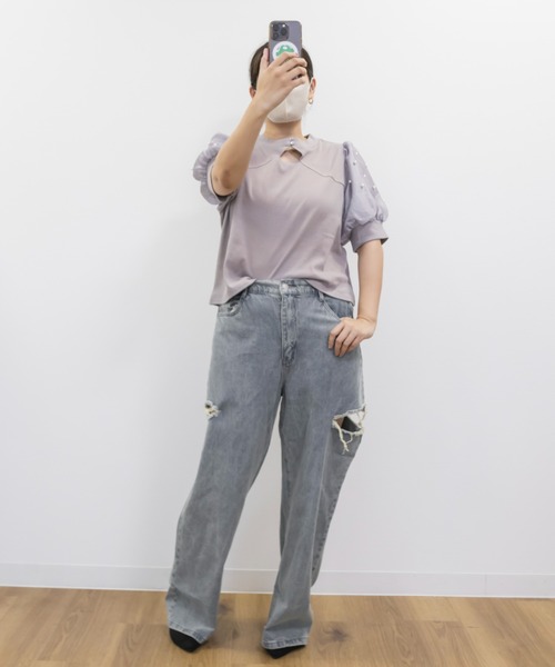 CLETTE（クレット）の「パール使いデコルテカットプルオーバー（Tシャツ/カットソー・レディース・ブラック/アイボリー/ラベンダー・LL/3L/4L）」の4枚目の写真