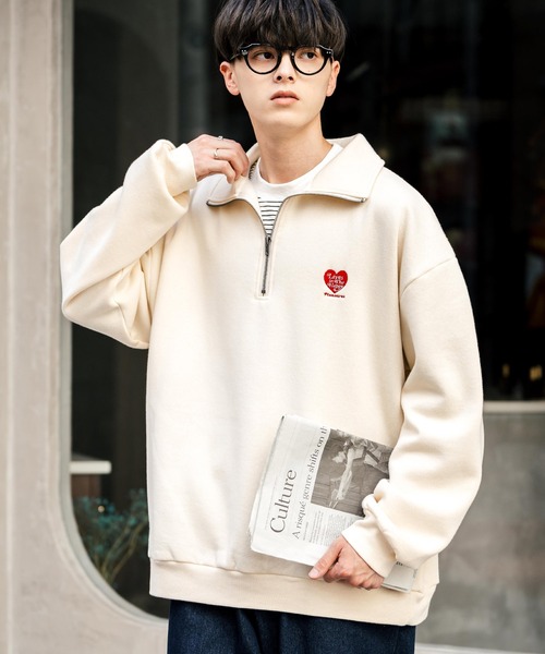 オーバーサイズ裏起毛ハーフジップワンポイント刺繍スウェット