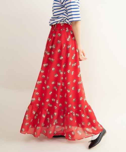 Dot&Stripes CHILD WOMAN(ドットアンドストライプス チャイルドウーマン)の「☆ラインフラワープリント 裾フリルマキシスカート(スカート・レディース・レッド/ブラウン・FREE)」の4枚目の写真