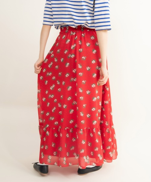 Dot&Stripes CHILD WOMAN(ドットアンドストライプス チャイルドウーマン)の「☆ラインフラワープリント 裾フリルマキシスカート(スカート・レディース・レッド/ブラウン・FREE)」の5枚目の写真