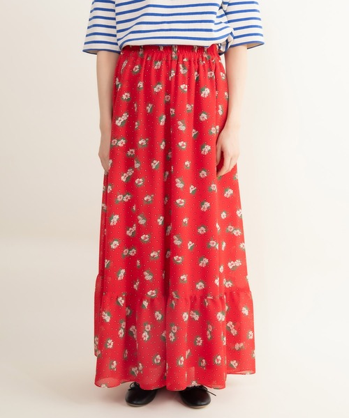 Dot&Stripes CHILD WOMAN(ドットアンドストライプス チャイルドウーマン)の「☆ラインフラワープリント 裾フリルマキシスカート(スカート・レディース・レッド/ブラウン・FREE)」の15枚目の写真