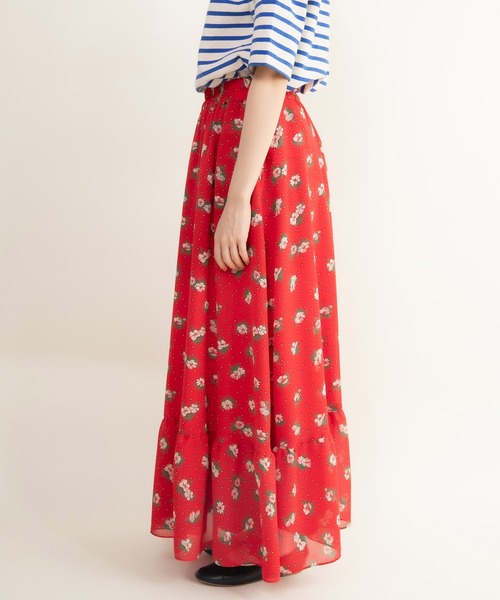 Dot&Stripes CHILD WOMAN(ドットアンドストライプス チャイルドウーマン)の「☆ラインフラワープリント 裾フリルマキシスカート(スカート・レディース・レッド/ブラウン・FREE)」の16枚目の写真