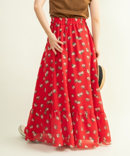 Dot&Stripes CHILD WOMAN(ドットアンドストライプス チャイルドウーマン)の「☆ラインフラワープリント 裾フリルマキシスカート(スカート・レディース・レッド/ブラウン・FREE)」の10枚目の写真