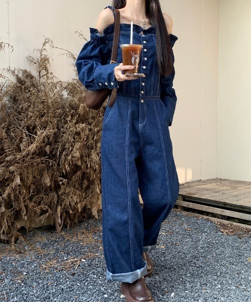【MEER.】デニムオールインワン CLANE - バック オープン デニム オールインワン - BACK OPEN