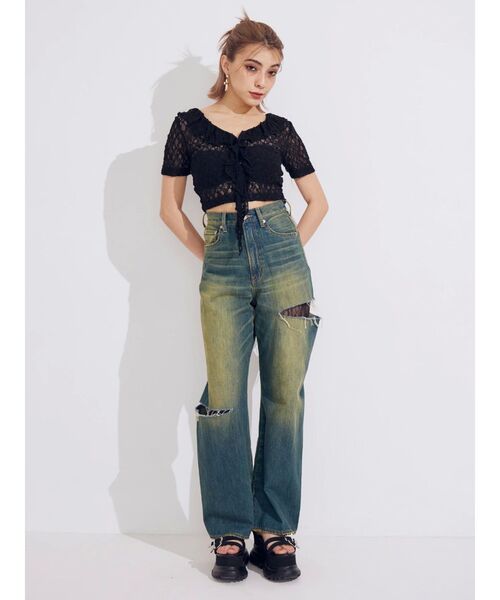 セール】サイドカッティングレースワイドデニム（デニムパンツ