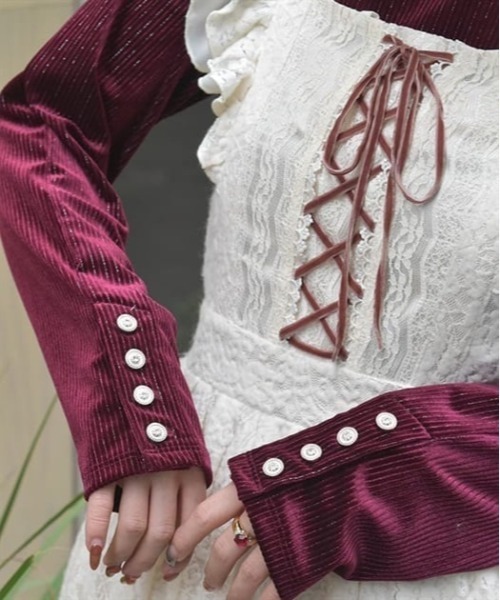 axes femme(アクシーズファム)の「袖連ボタンラメベロアリブプルオーバー(Tシャツ/カットソー・レディース・ダークブラウン/ネイビー/ワイン・FREE)」の7枚目の写真