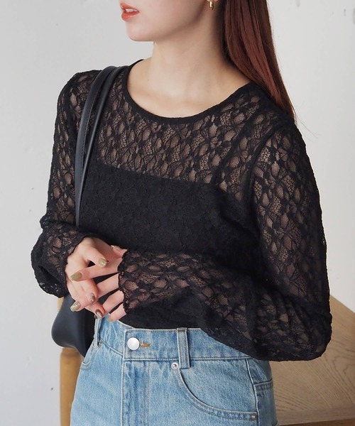 tiptop(ティップトップ)の「レースクルーネックギャザーロンT(Tシャツ/カットソー・レディース・ブルー/オフホワイト/ブラック・FREE)」の3枚目の写真