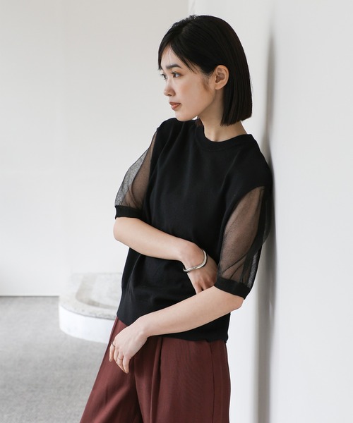 select MOCA Et(セレクトモカエト)の「【Et】Sheer Sleeve Knit Tops(ニット/セーター・レディース・ブラック/ベージュ/グレー・FREE)」の4枚目の写真