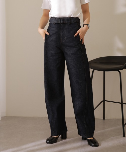 belt high waist denim pants /ベルト付き ハイウエスト カーブ