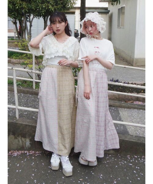 merry jenny(メリージェニー)の「check×checkリボンギャザースカート / チェックチェックリボンギャザースカート(スカート・レディース・パープル/オレンジ・FREE)」の1枚目の写真