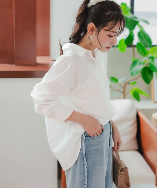 Petitle（プチレ）の「[ 低身長向けサイズ ] ベーシックオーバーシャツ（シャツ/ブラウス・レディース・ライトブルー/イエロー/オフホワイト/ピンク/ブラウン/ベージュ/チェック・PM）」の8枚目の写真