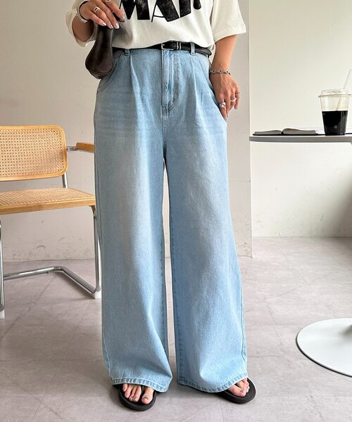 DISCOAT（ディスコート）の「【サイズ追加！/ユニセックス】デニムタックワイドパンツ（デニムパンツ・レディース・ブラック/ブルー/サックスブルー・MEDIUM/LARGE/SMALL）」の3枚目の写真