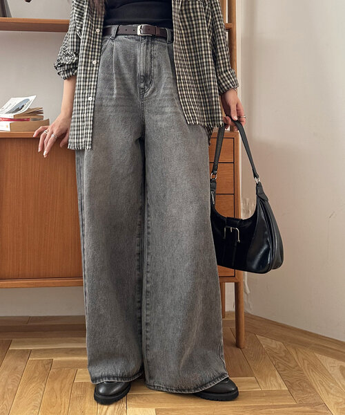 【新品・タグ付】DISCOAT オーバーダイタックデニムワイドパンツ 新色追加/脚長効果も◎/ユニセックス】オーバーダイタックデニム