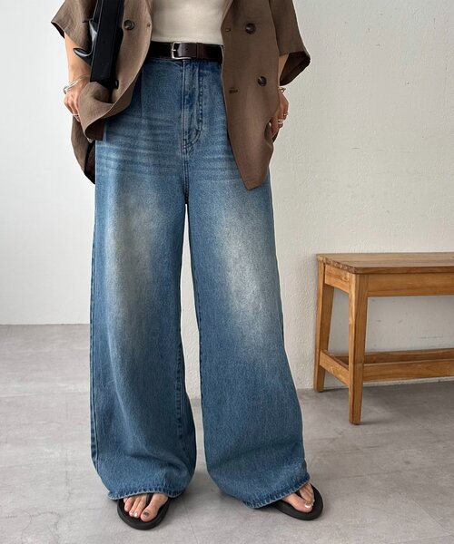 DISCOAT（ディスコート）の「【サイズ追加！/ユニセックス】デニムタックワイドパンツ（デニムパンツ・レディース・ブラック/ブルー/サックスブルー・MEDIUM/LARGE/SMALL）」の11枚目の写真