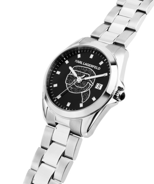 KARL LAGERFELD（カールラガーフェルド）の「「KARL LAGERFELD/カール・ラガーフェルド」ラウンド エッセンシャル - スペシャル ボックス - ブラック クリスタル ダイヤモンドダスト アイコン ダイヤル シルバー ブレスレット & カール+シュペット チャーム ブレスレット（アナログ腕時計・レディース・シルバー×ブラック・FREE）」の8枚目の写真