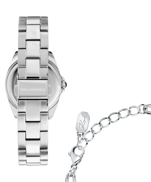 KARL LAGERFELD（カールラガーフェルド）の「「KARL LAGERFELD/カール・ラガーフェルド」ラウンド エッセンシャル - スペシャル ボックス - ブラック クリスタル ダイヤモンドダスト アイコン ダイヤル シルバー ブレスレット & カール+シュペット チャーム ブレスレット（アナログ腕時計・レディース・シルバー×ブラック・FREE）」の9枚目の写真